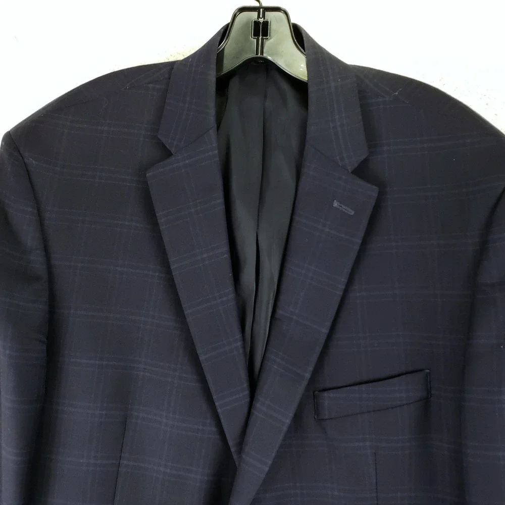 Jos A Bank Traveler Windowpane Plaid Wool Blazer Mens 46R Navy Blue Tailored Fit